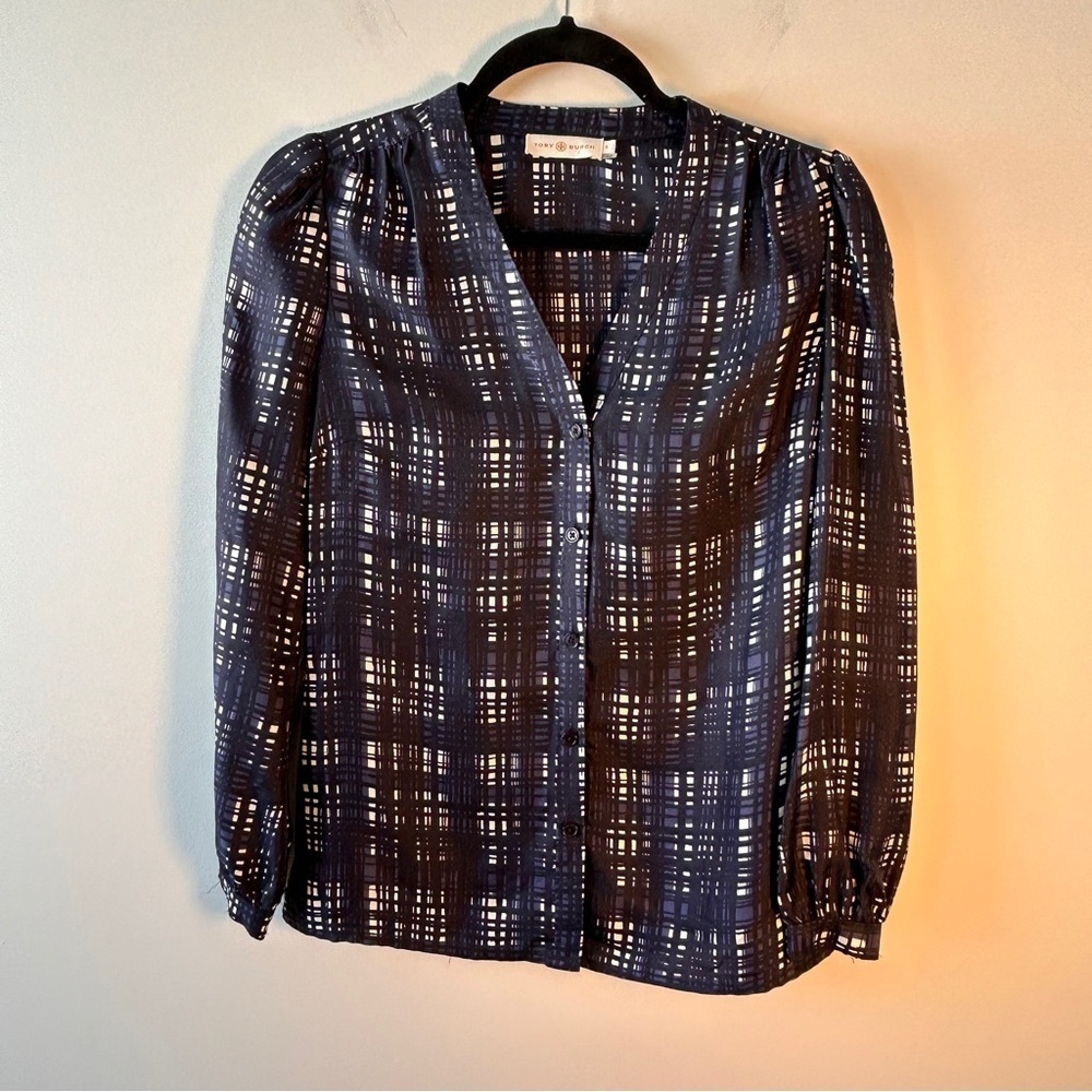 Tory Burch Women’s Size 0 Jayden Navy Black White Abstract Silk Blouse Top Work